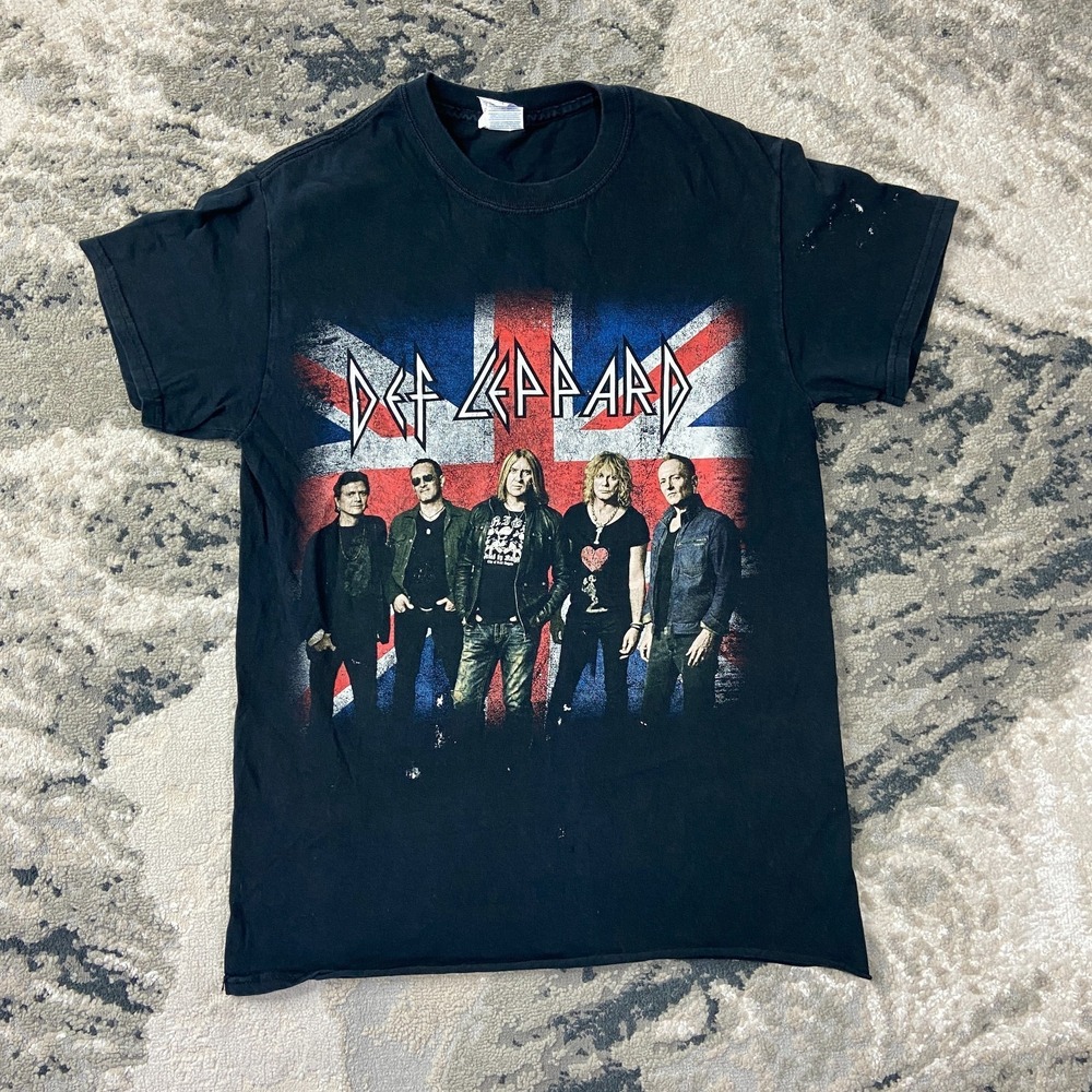 Y2K Def Leppard‎ Band Tour T Shirt Mens S Black Graphic 2015 Union Jack Flag